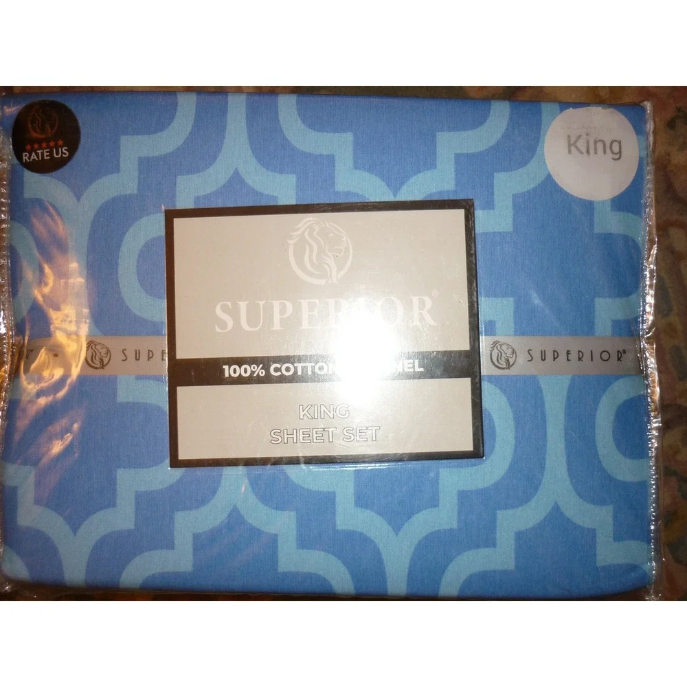 Superior King Sheet Set 100% Cotton Flannel Blue Trellis Quatrefoil Deep Pocket